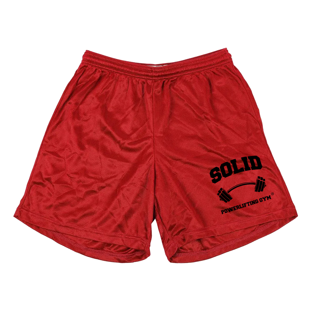 Solid Red 5" Gym Shorts - Black Print