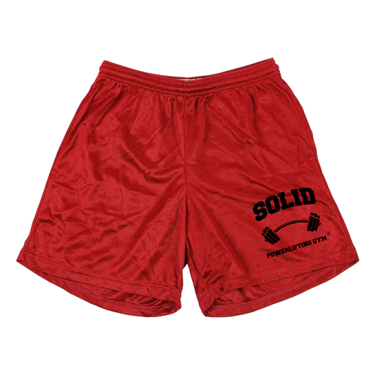 Solid Red 5" Gym Shorts - Black Print